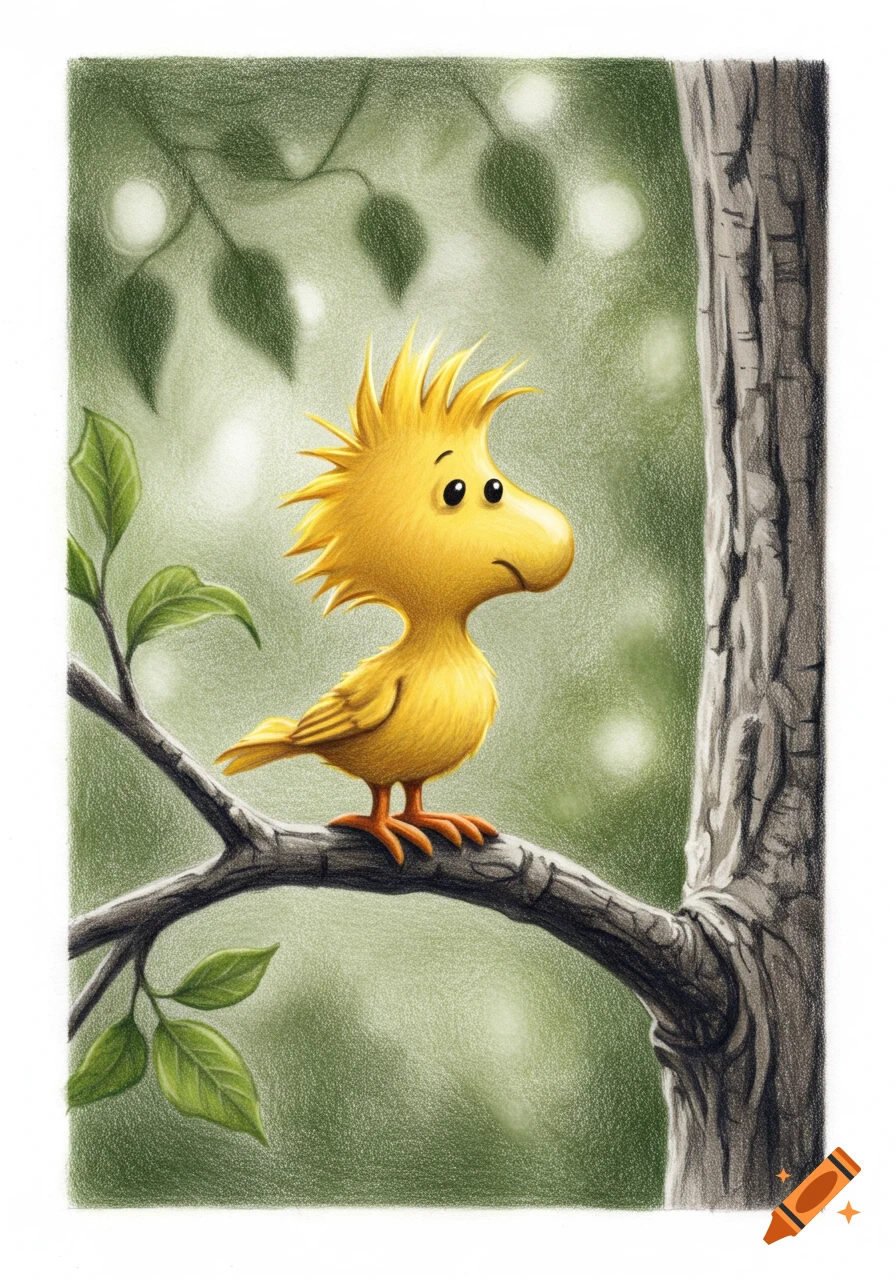 A yellow cartoon bird resembling Woodstock with spiky head feathers perched on a tree branch, in a colored pencil drawing style.