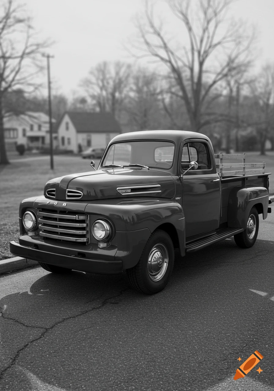 Black and white photorealistic image of a vintage Ford F3 pickup truck parked on an asphalt road in a residential area.