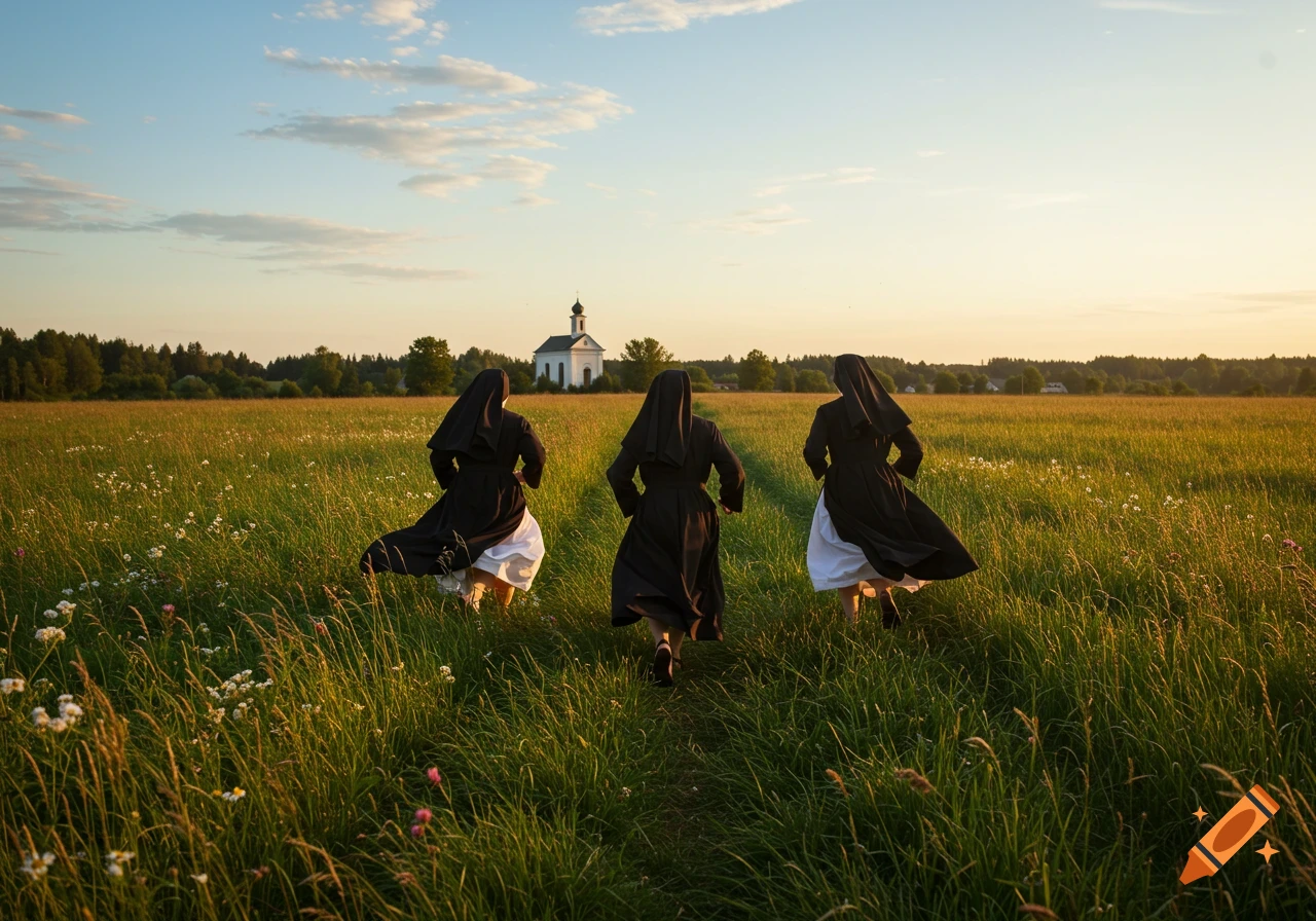Three nuns in black habits run through a green, wildflower-dotted field towards a white church at sunset, photorealistic.
