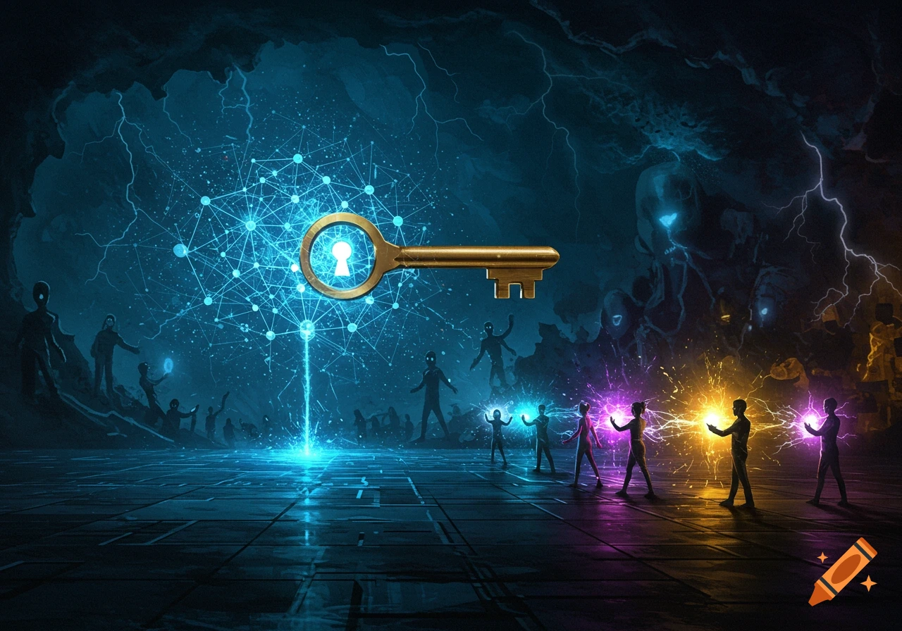 Golden key unlocking a glowing neural network. Silhouetted figures channel energy in a futuristic, stormy digital landscape.
