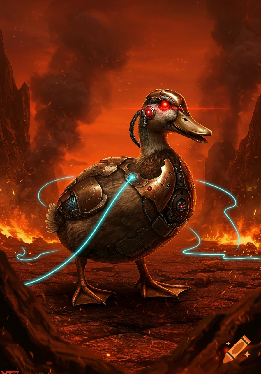 A detailed, dark sci-fi illustration of a cyborg duck with glowing red eyes and metal armor, standing in a fiery, volcanic landscape with blue energy lines around it.