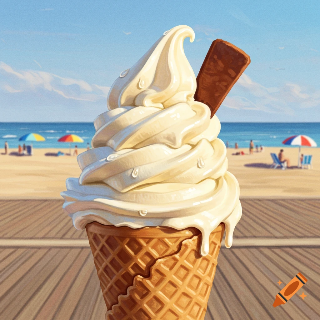 Close-up of a vanilla soft-serve ice cream cone with a chocolate flake, on a boardwalk overlooking a sunny beach.