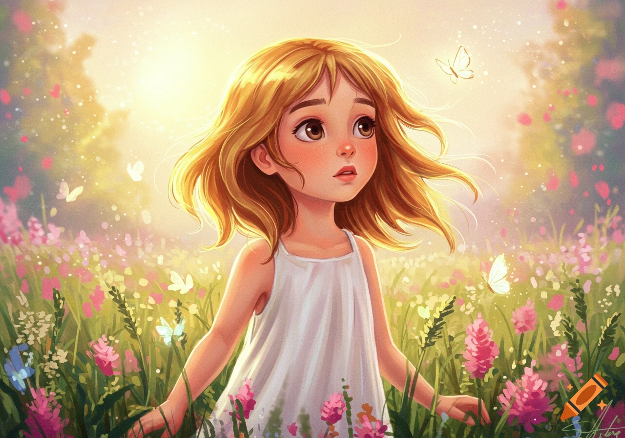 A dreamy illustration of a young girl with blonde hair in a white dress, standing in a vibrant field of pink and purple flowers with butterflies.