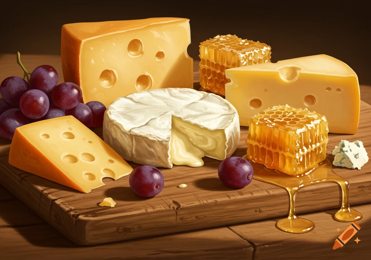 A stylized still life illustration of a rustic wooden board laden with various cheeses, purple grapes, and honeycombs with dripping honey.