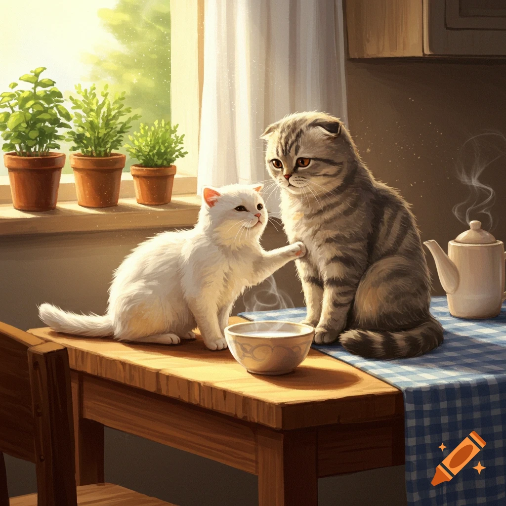 A white cat gently touches a tabby Scottish fold cat sitting on a wooden table with a bowl of milk, next to a sunlit window and a teapot.