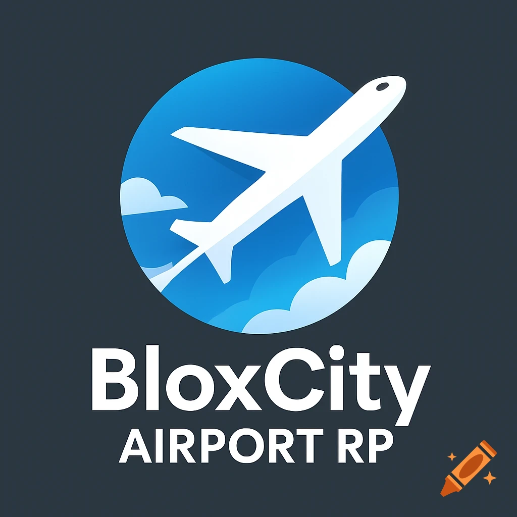 Logo for BloxCity Airport RP game featuring a white airplane ascending in a blue circle with clouds above the text "BloxCity AIRPORT RP".
