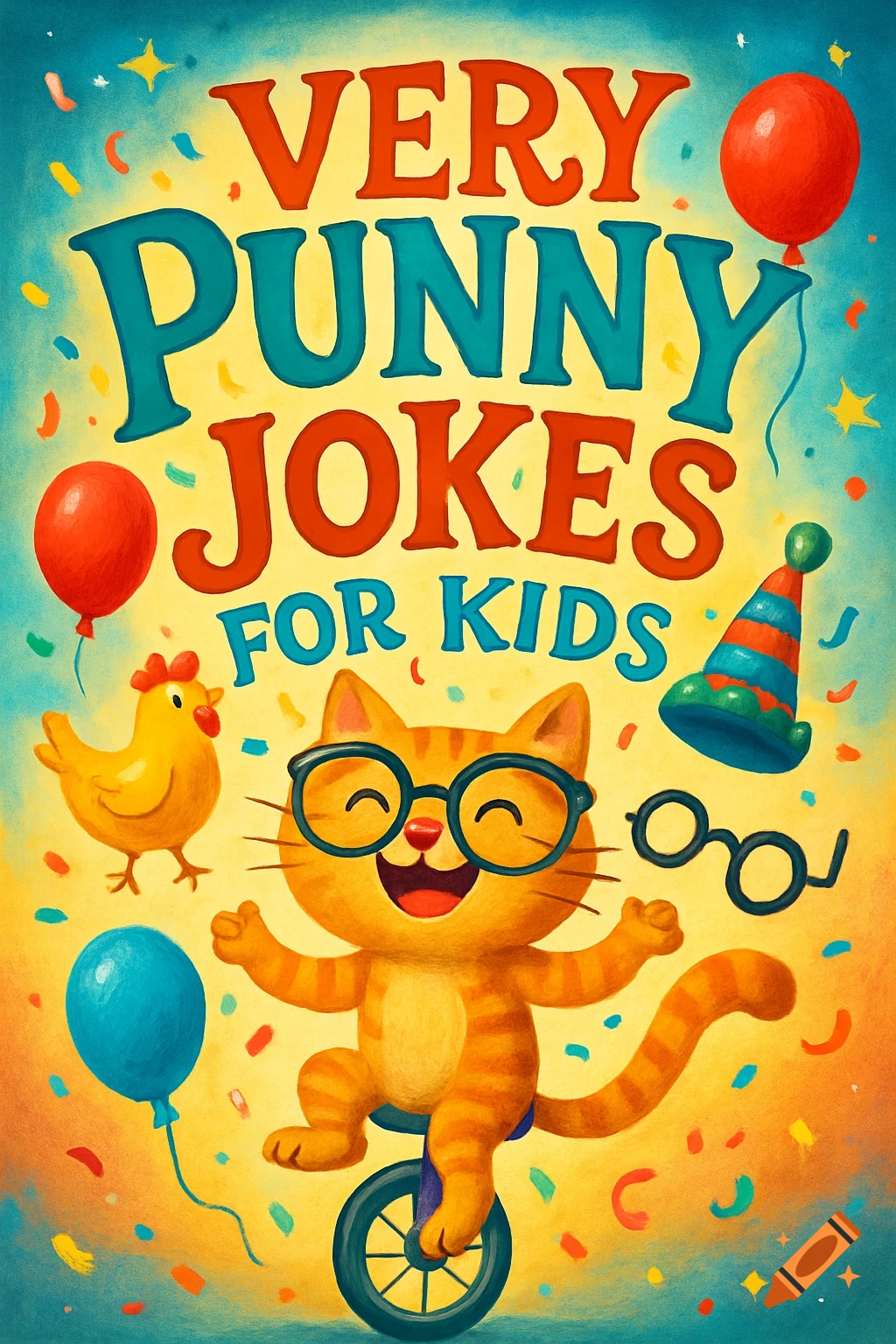 A colorful cartoon illustration of a smiling ginger cat in glasses riding a unicycle, surrounded by a chicken, balloons, and confetti. The text reads "VERY PUNNY JOKES FOR KIDS".