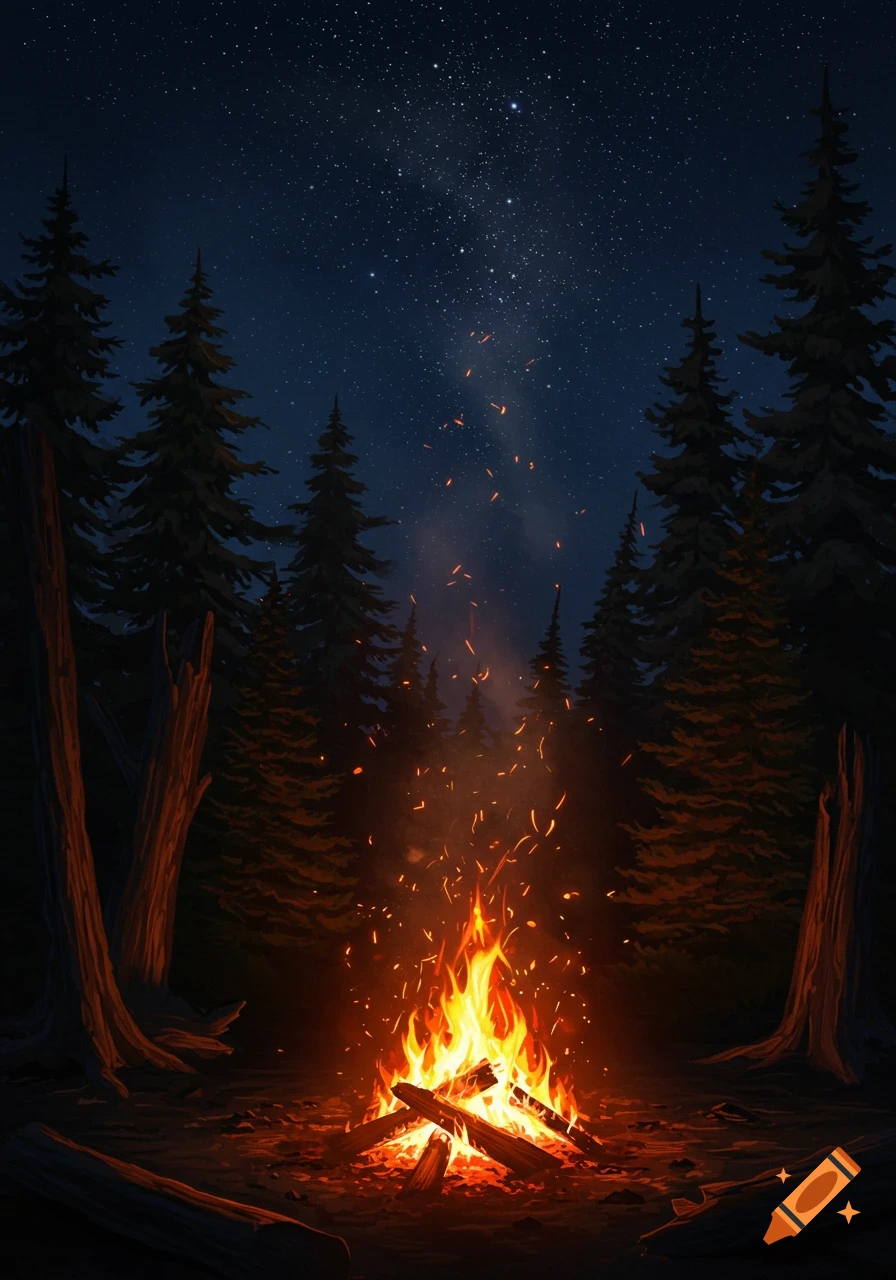 A vibrant campfire glows in a dark forest under a starry night sky, with trees silhouetted against the stars.