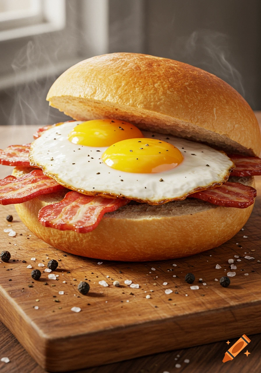 A photorealistic breakfast sandwich with bacon and two fried eggs on a bun, served on a wooden cutting board with spices.