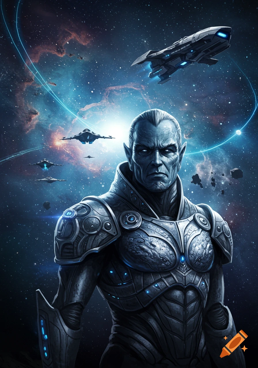 A menacing blue-skinned alien in ornate futuristic armor stands in deep space, with spacecraft and nebulae. Digital art.