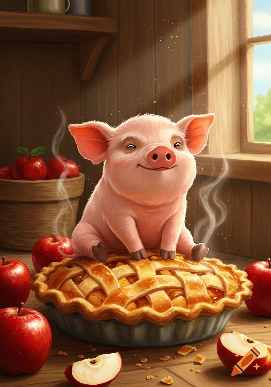 A cute, smiling pink pig with floppy ears sits on a steaming apple pie in a rustic kitchen, surrounded by red apples.