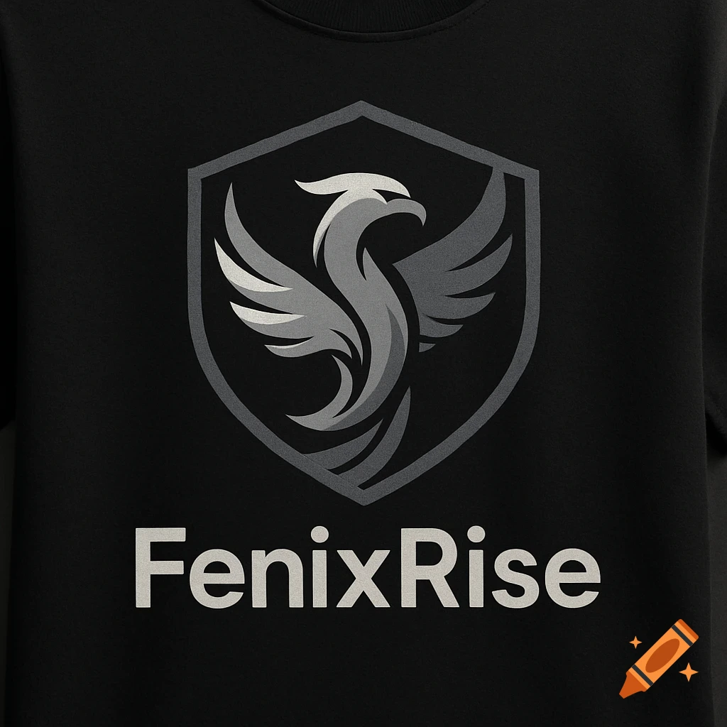 Black t-shirt featuring a stylized grey phoenix logo within a shield, with the text 'FenixRise' below it.