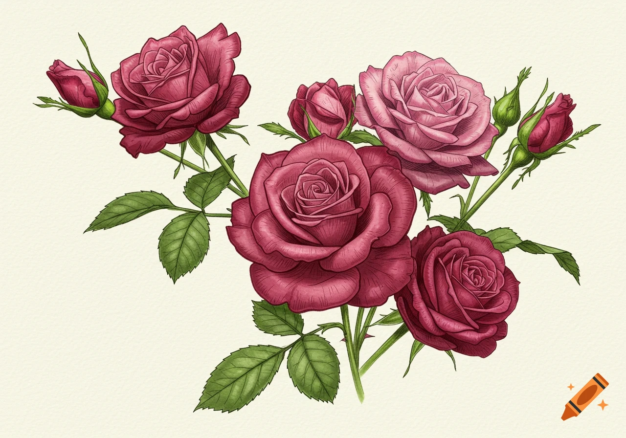 Hand-drawn illustration of pink and red roses with green leaves and buds on a textured background.