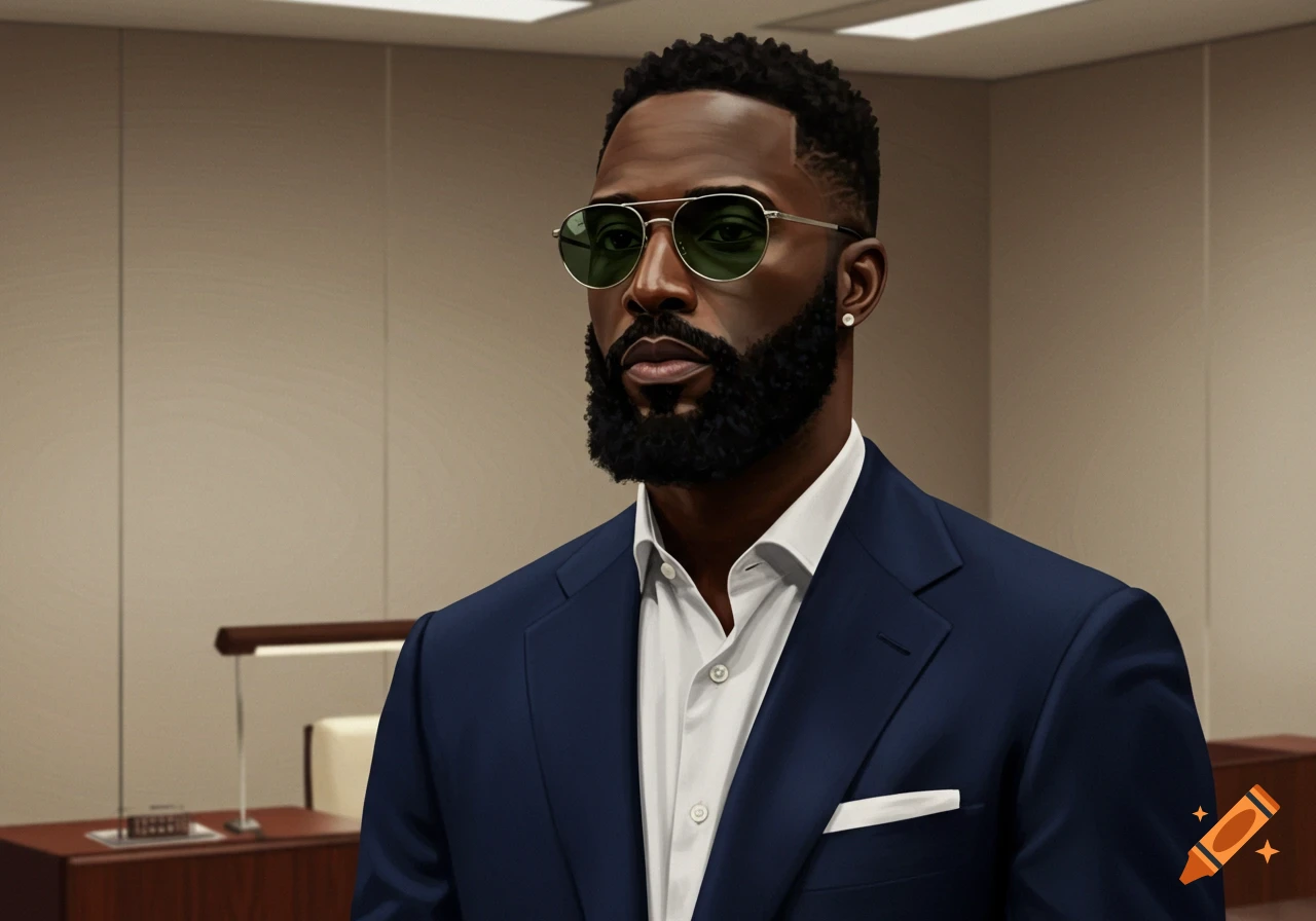 Photorealistic portrait of a dark-skinned man with a beard, wearing green-tinted sunglasses, a navy suit, and a white shirt in an office setting.