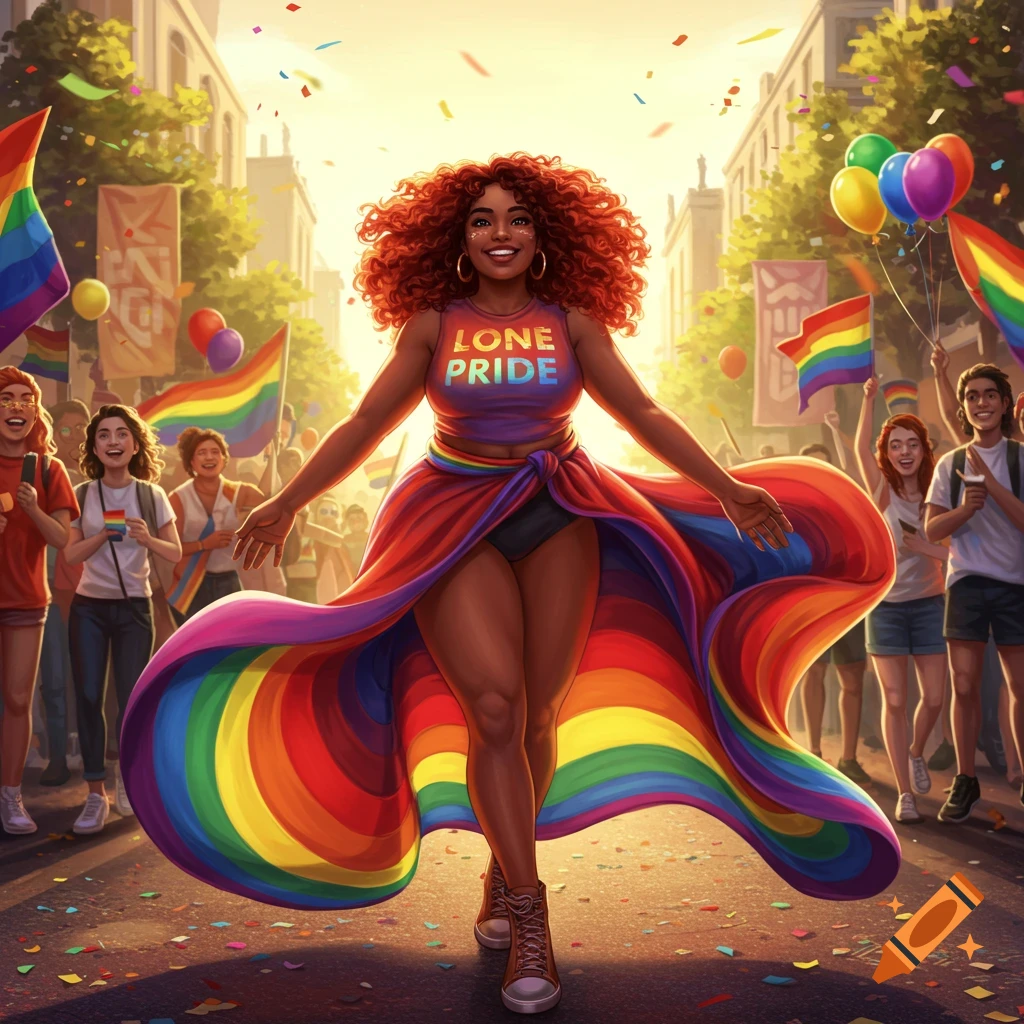An illustration of a smiling Black woman with curly red hair, wearing a rainbow crop top that says "LONE PRIDE" and a flowing rainbow skirt, walking through a vibrant pride parade with confetti and other people in the background.