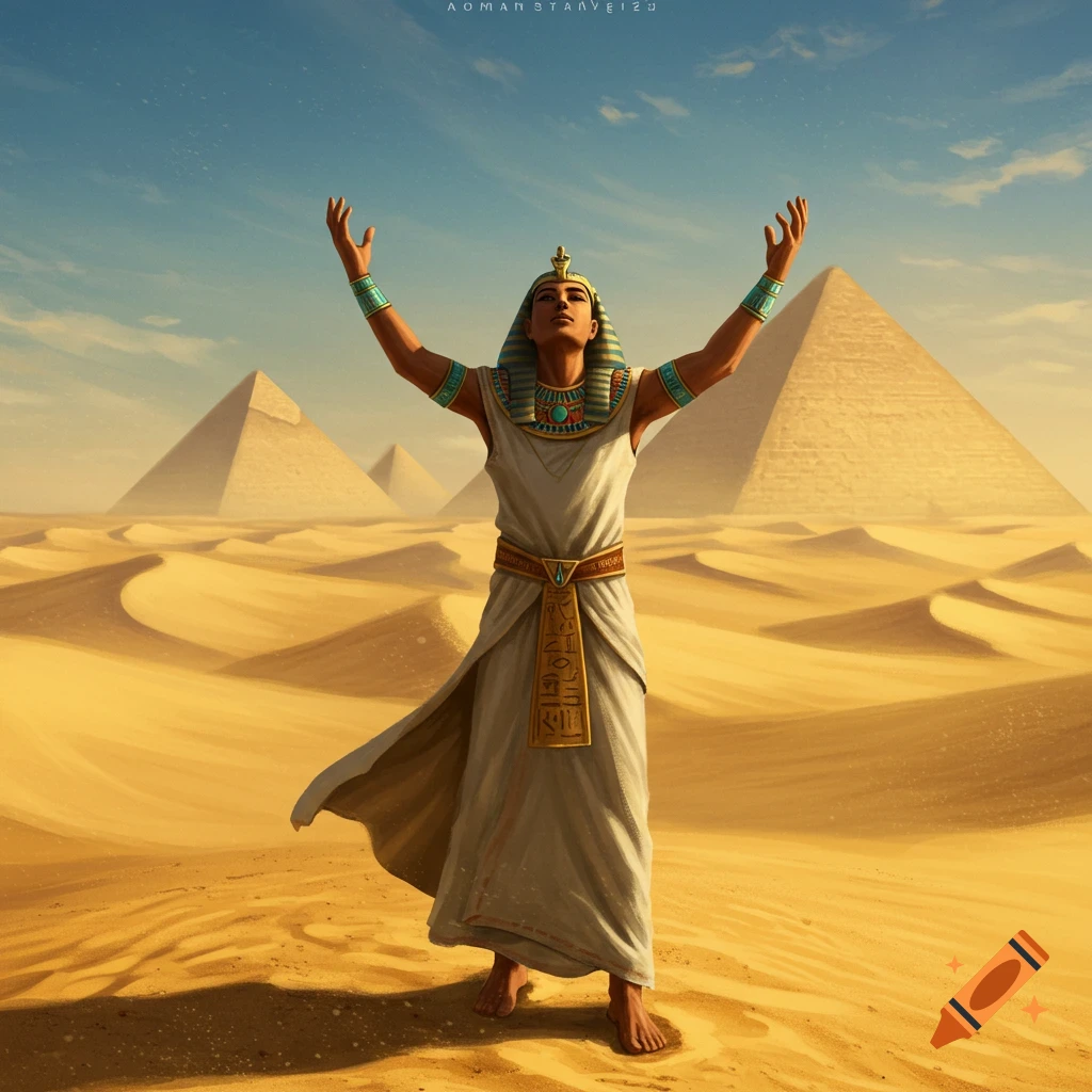 An ancient Egyptian priest in a desert with pyramids, arms raised to the sky. Stylized art.