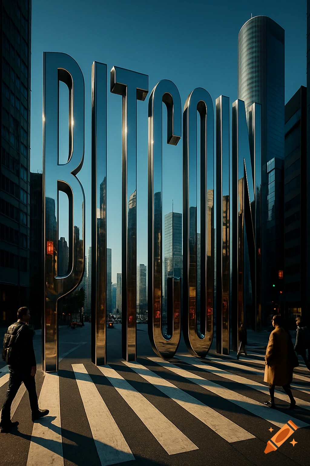 Large, reflective metallic letters spelling 'BITCOIN' form a crosswalk on a city street with tall buildings and pedestrians.