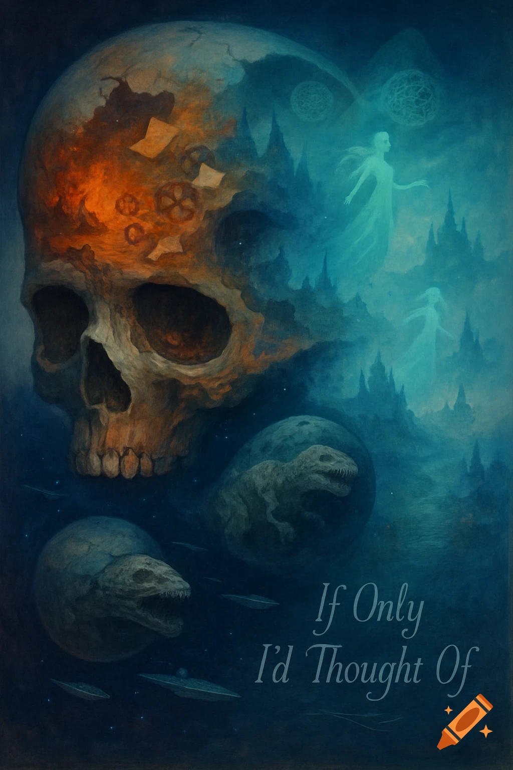 Surreal dreamlike painting of a giant skull, ghostly figures, castles, spaceships, dinosaur-planets, and the text 'If Only I'd Thought Of'.