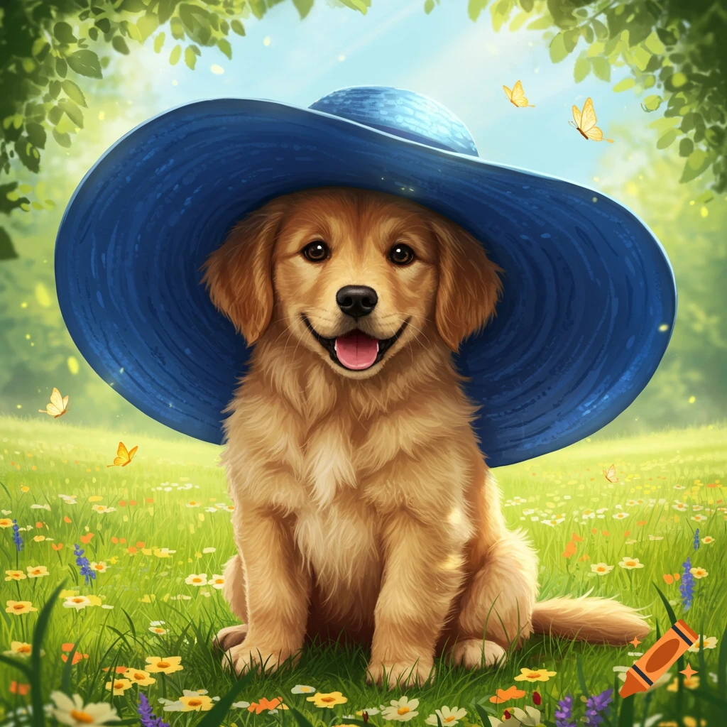 A cute golden retriever puppy with a blue sun hat sits in a sunny field of colorful wildflowers.
