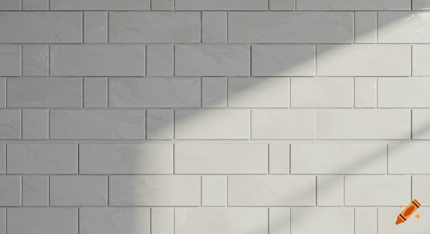 Close-up of glossy white rectangular tiles on a wall with subtle shadows.