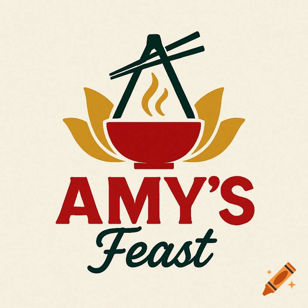 Logo for Amy's Feast with a red bowl, green chopsticks, and golden lotus petals. 'AMY'S' is bold red, 'Feast' is green script.