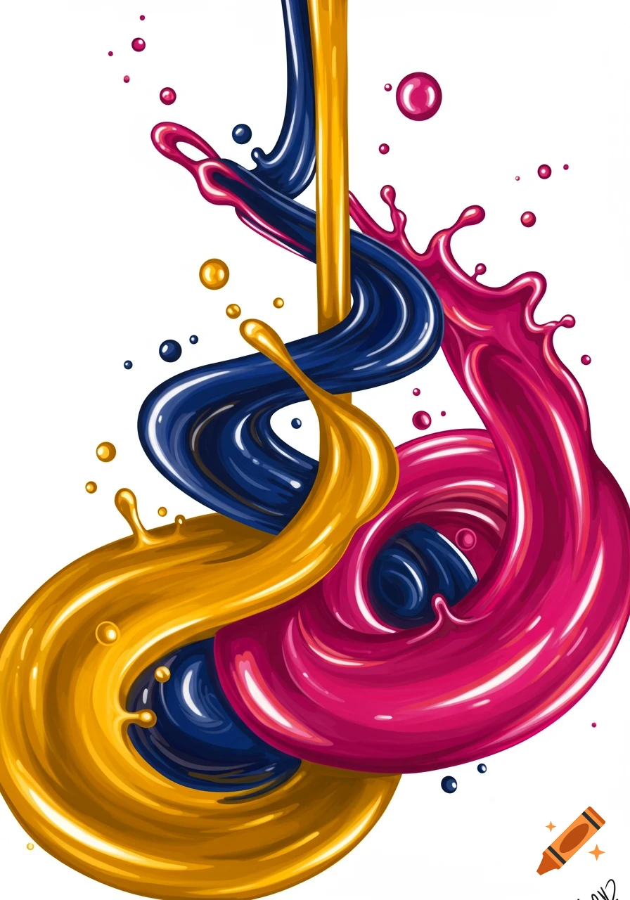 Vibrant abstract illustration of swirling, pouring paint in gold, blue, and magenta, with splashes and droplets on a white background.