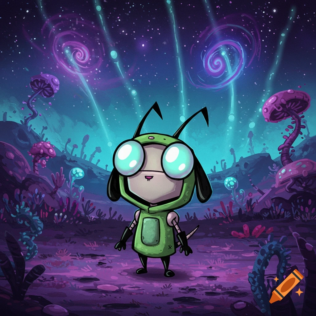 GIR in his green dog costume standing on a vibrant alien planet with glowing mushrooms under a cosmic sky.