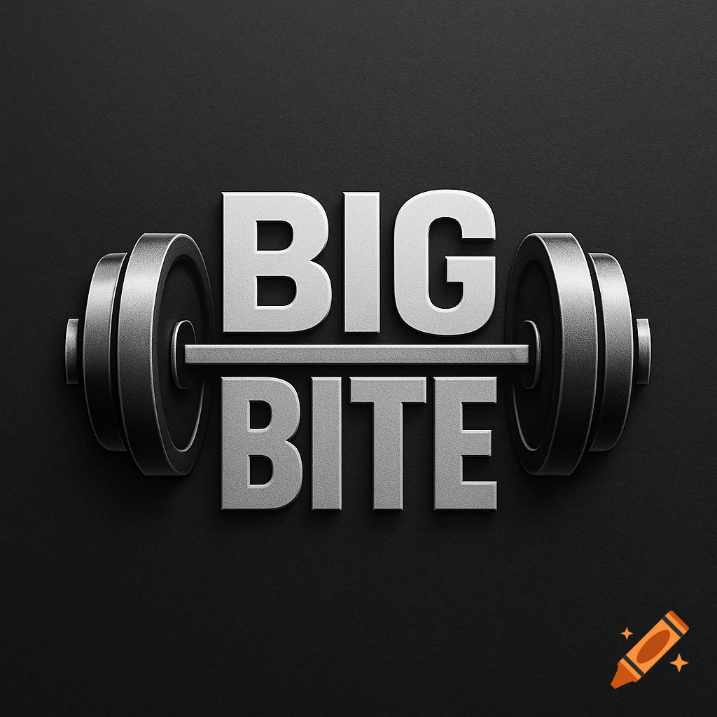 Logo for 'BIG BITE' depicted as a metallic silver barbell on a dark textured background.