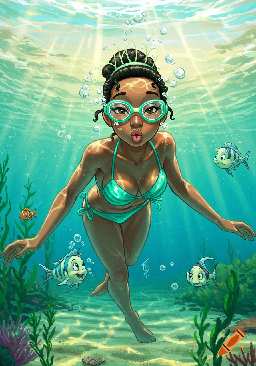 Stylized Princess Tiana in a green bikini and goggles, making a fish face underwater with bubbles and tropical fish.