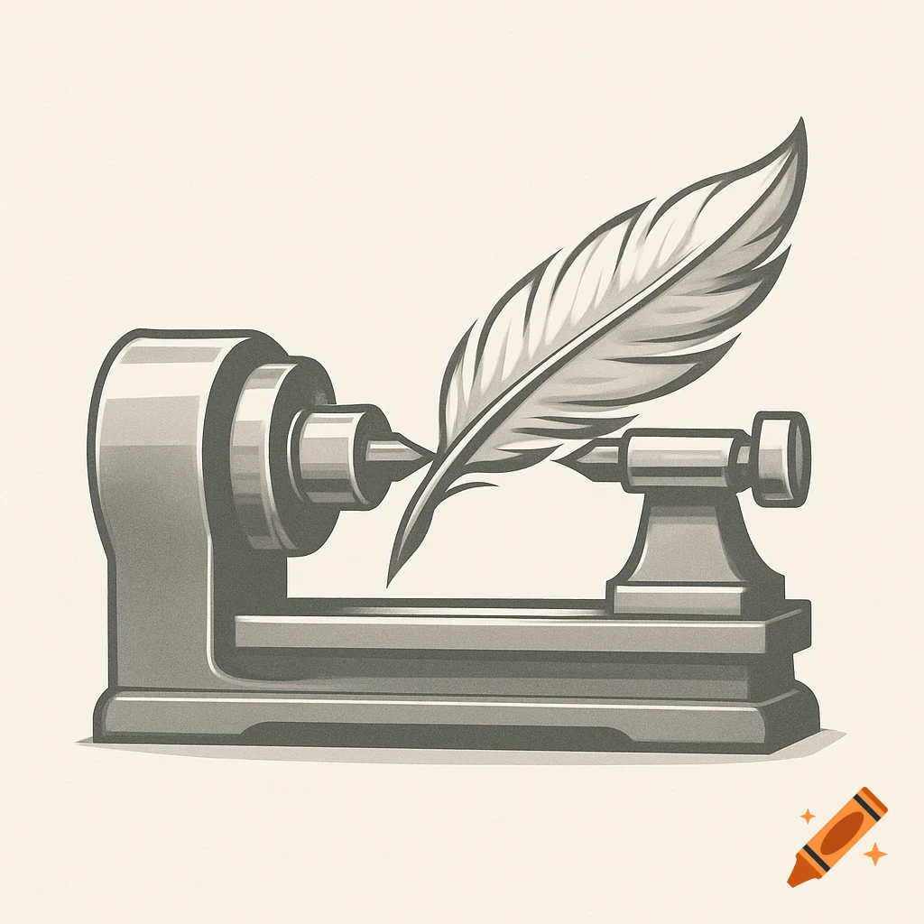 Stylized logo of a metal lathe turning a large quill feather on a light background.