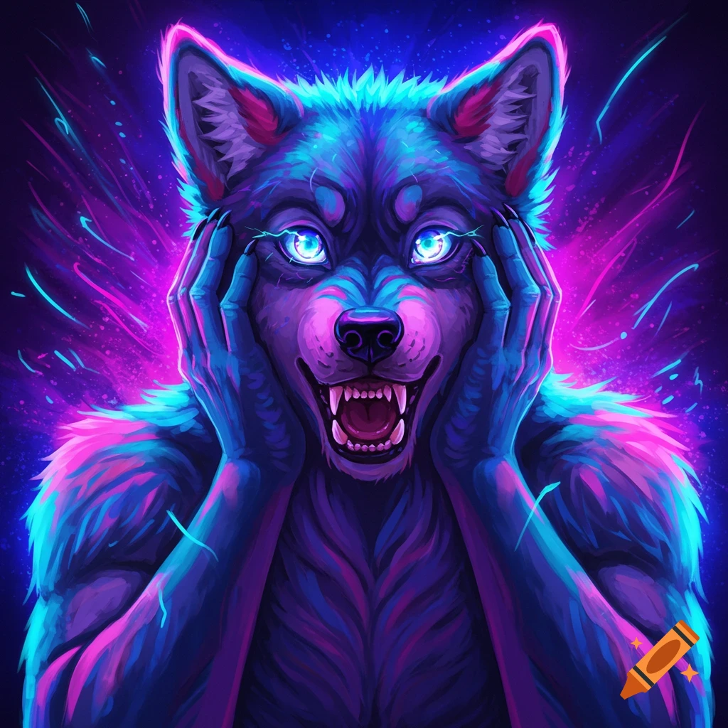 A vibrant, neon-colored anthropomorphic wolf with glowing eyes, open mouth, and hands on its face in a furry digital art style.