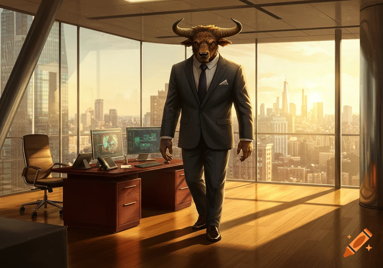 A minotaur in a business suit stands in a modern office with large windows overlooking a city skyline at sunset.