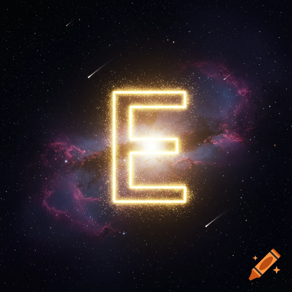 A glowing golden letter E with a glittery effect against a dark starry sky with a colorful nebula and shooting stars.