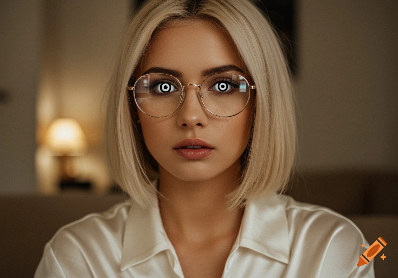 Photorealistic portrait of a blonde woman with a bob cut, wearing round glasses and a white silky shirt, staring with glowing hypnotic eyes.