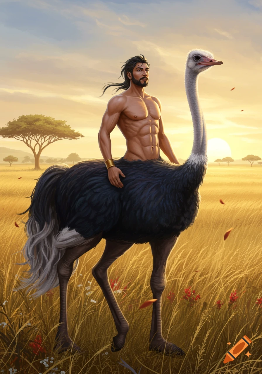 A shirtless muscular man's torso merges with the body of a large ostrich, walking through a golden savanna at sunset.