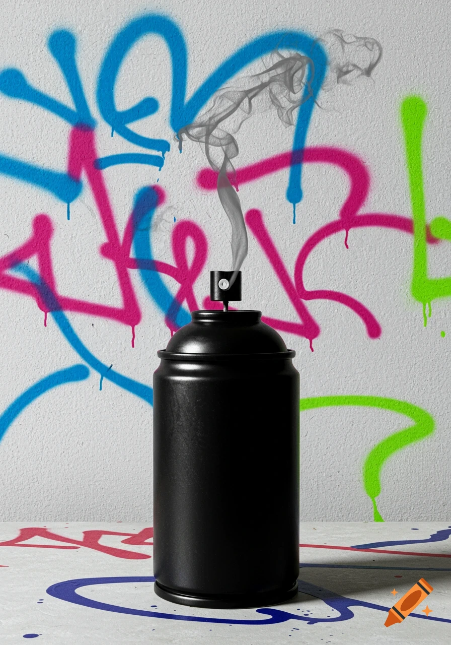 A black spray paint can emits smoke in front of a white wall covered in colorful graffiti.