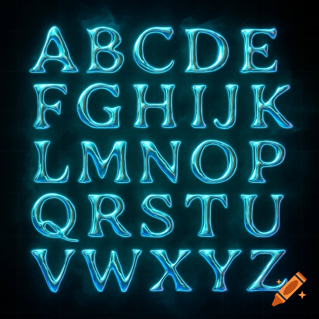 The complete English alphabet, A-Z, rendered in glowing, metallic, teal-blue letters on a dark, smoky background.