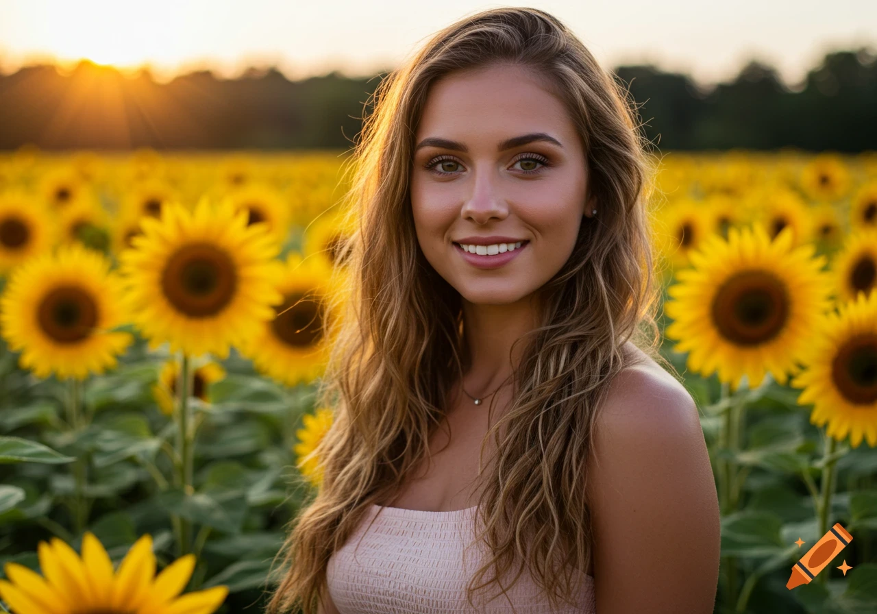 A photorealistic portrait of a smiling young woman with long wavy hair standing in a field of sunflowers at sunset.