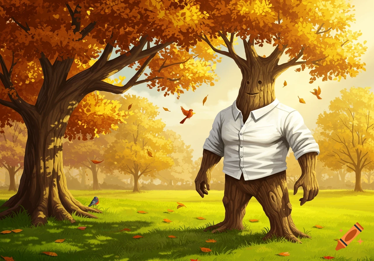 A smiling tree-person in a white collared shirt stands in a vibrant autumn park with falling orange leaves.