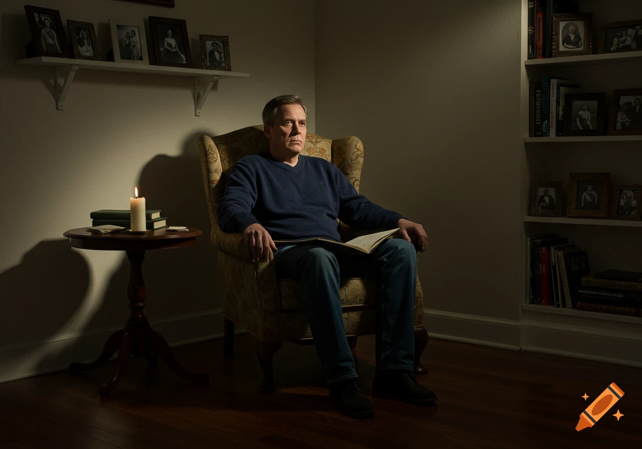 A man sits in an armchair, reading a book by candlelight in a dimly lit room with bookshelves and framed photos.