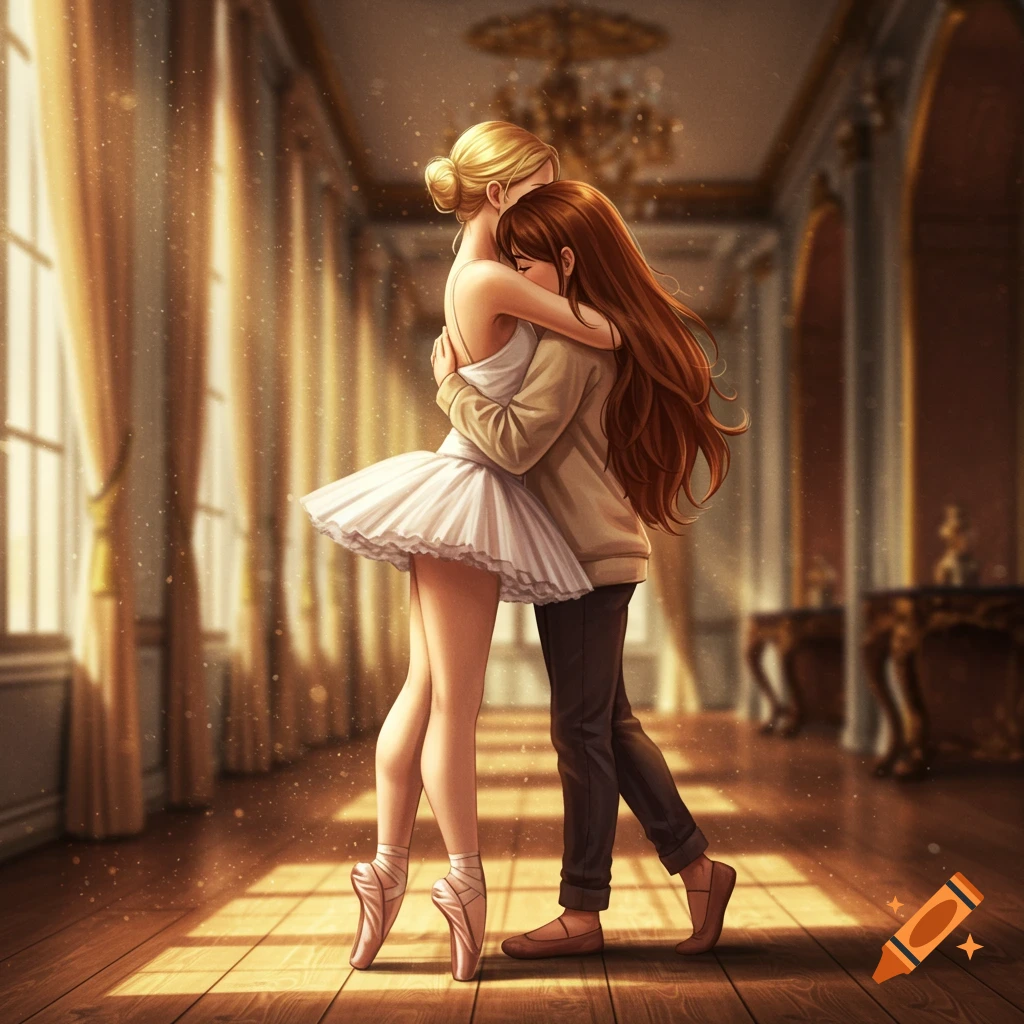 An anime illustration of a blonde ballerina hugging a brown-haired girl in a grand sunlit hall.
