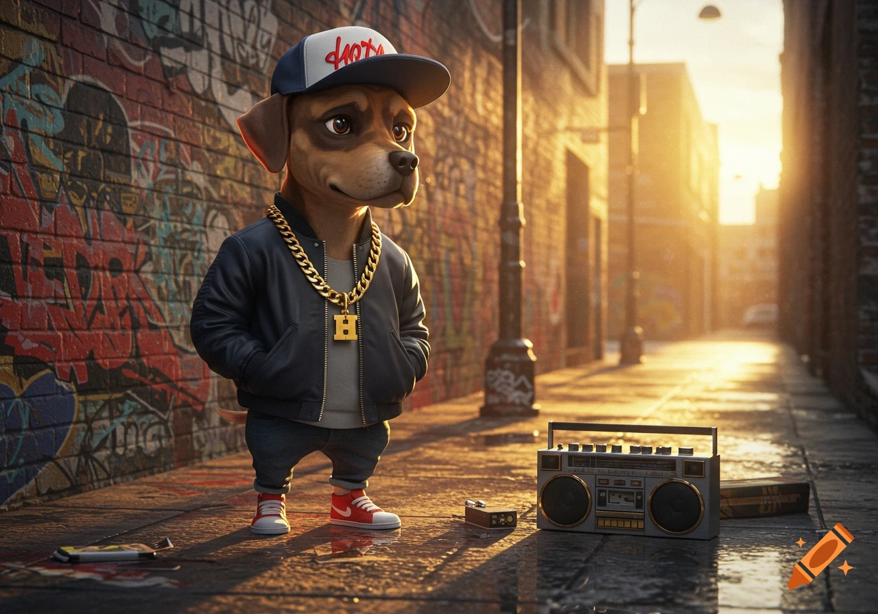 A cartoon dog in a bomber jacket, gold chain with 'H' pendant, cap, and sneakers, stands next to a boombox on a graffiti-covered street.