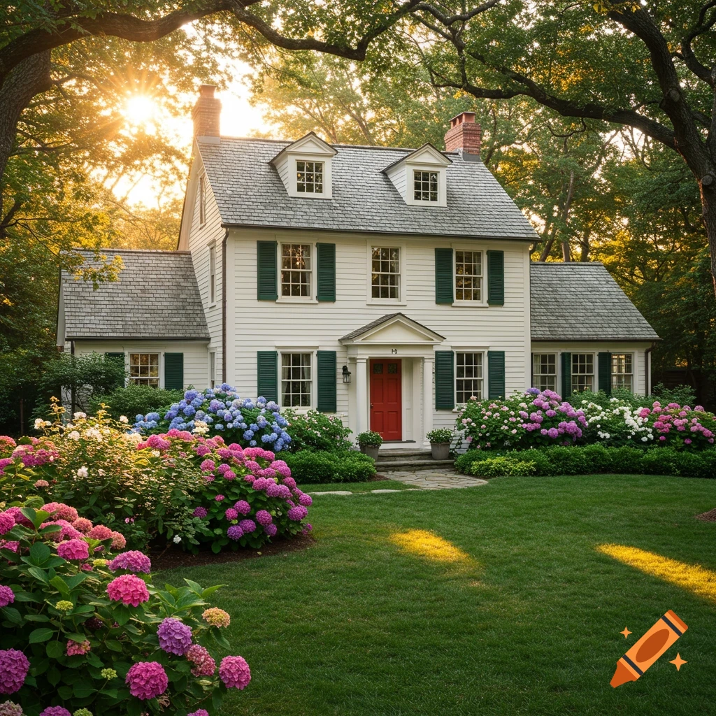 Photorealistic image of a white two-story house with green shutters, a red door, a lush green lawn, and vibrant hydrangeas under golden sunset light.