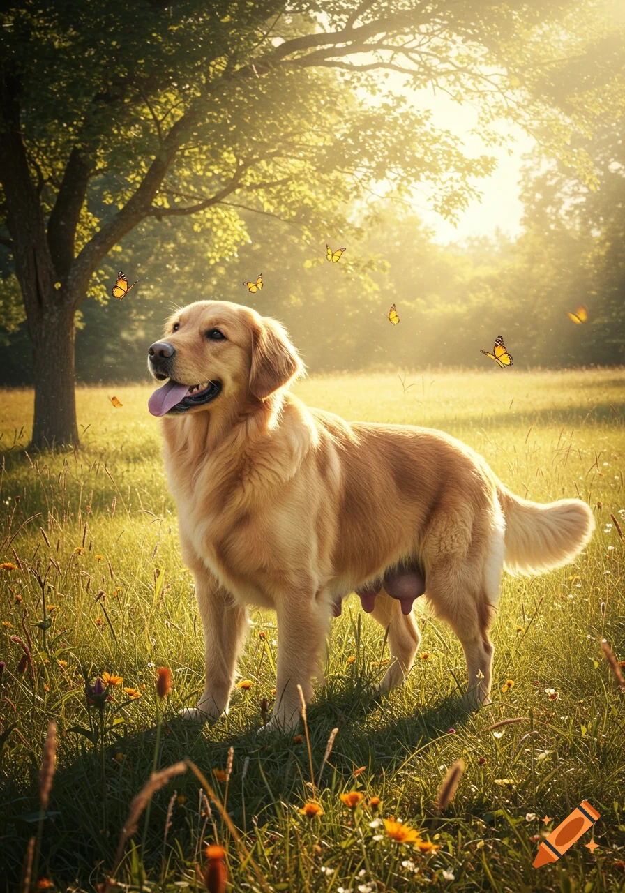 A golden retriever with an udder stands in a sunlit meadow among wildflowers and butterflies, in a photorealistic style.