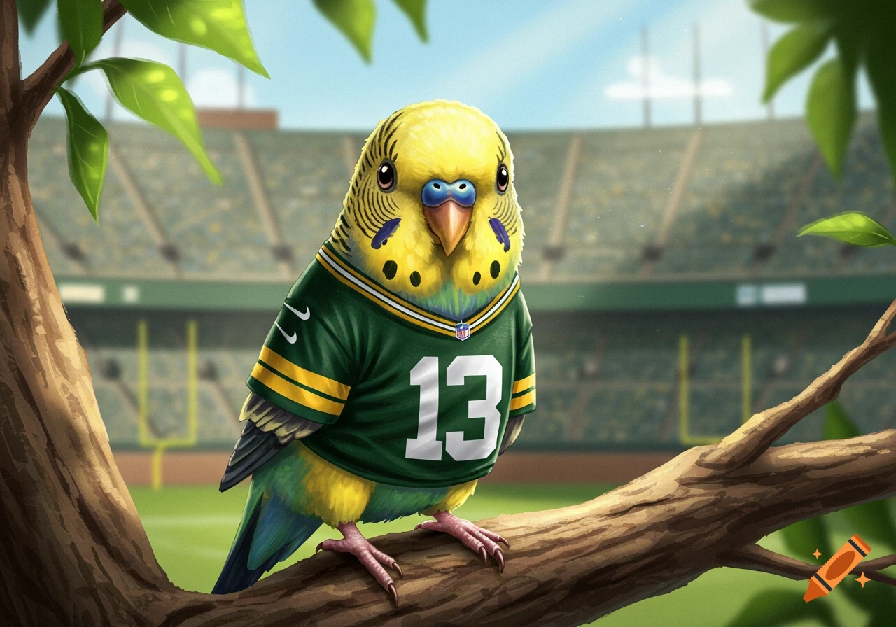 An illustrated parakeet in a Green Bay Packers #13 jersey sits on a branch with a stadium background.
