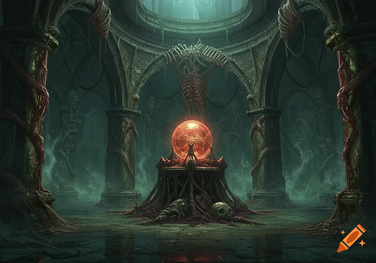 A dark, gothic temple features a glowing red orb on an altar, surrounded by bones and tendrils, in a misty, crumbling chamber.