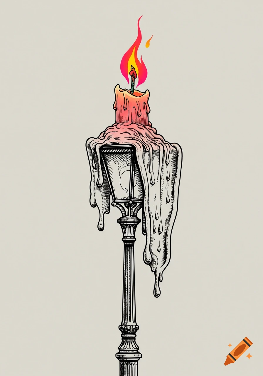 A Victorian lamppost transformed into a melting wax candle with a vibrant, colorful flame, in a black and white tattoo-style illustration.