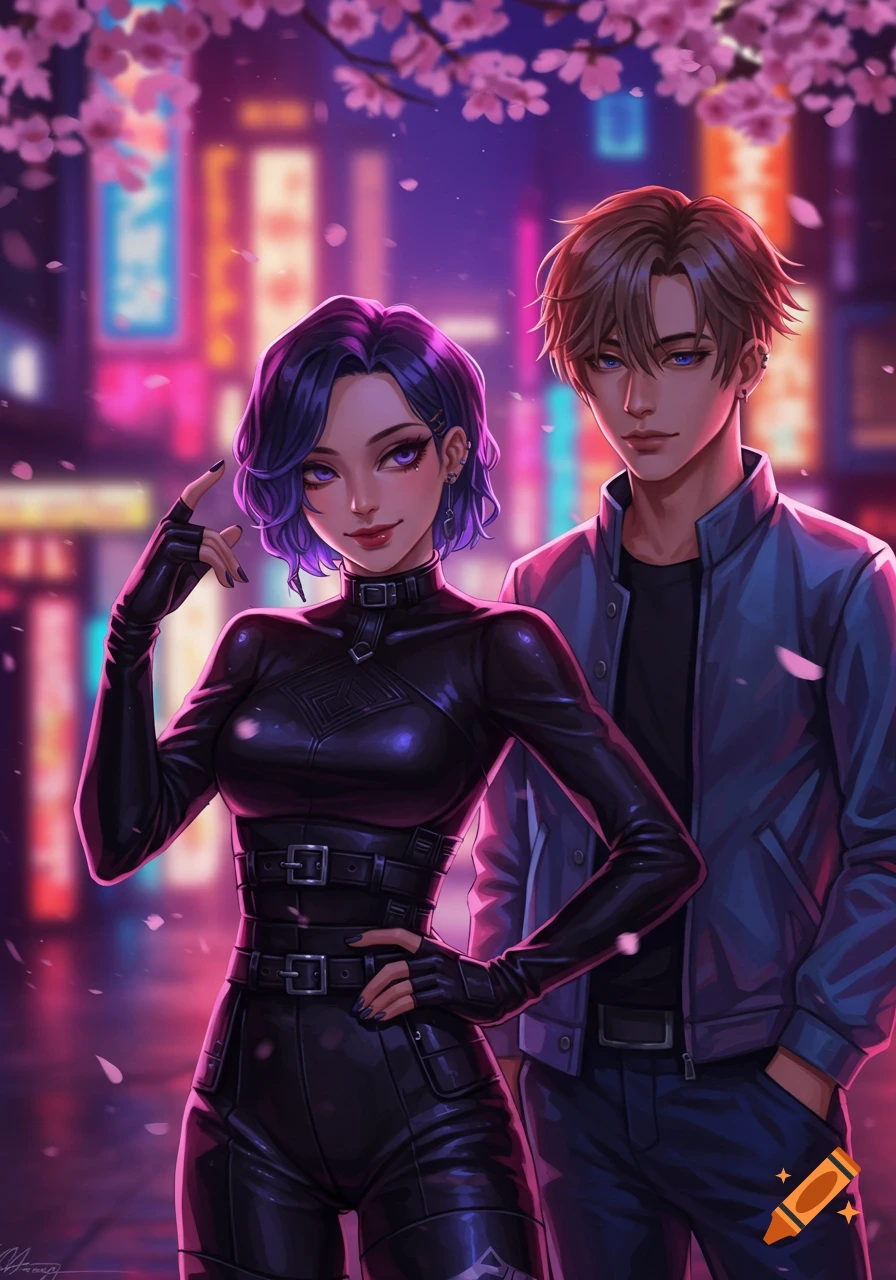 Anime couple on a vibrant, purple-lit city street at night with pink cherry blossoms. Woman in dark outfit, man in blue jacket.
