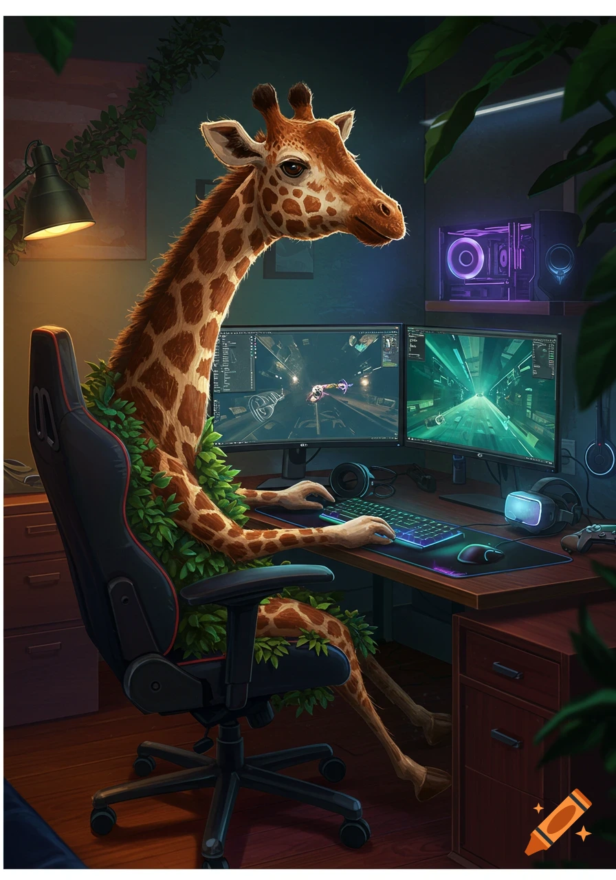 A giraffe with leafy vines sits in a gaming chair at a desk with dual monitors, keyboard, mouse, and VR headset, playing a game in a dimly lit room. Digital art.