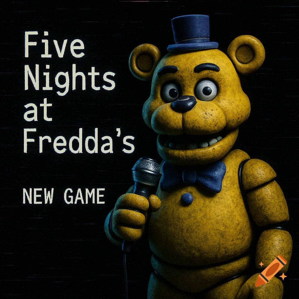 A yellow animatronic bear with a blue top hat and bow tie, holding a microphone, against a static black background with text 'Five Nights at Fredda's NEW GAME'.
